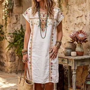 Johnny Was Chandra White Linen Embroidered Tunic Dress Boho Indie Size Small